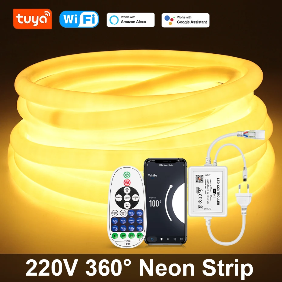 Smart Tuya WiFi Round 360 Led Neon Strip 220V 5m 10m 30m 50m Flexible Bluetooth Infrared Led Rope Light Tape For Home Outdoor