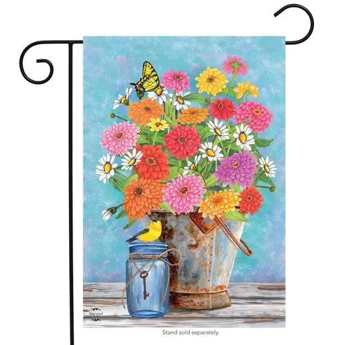 BRIARWOOD LANE Sleeved Garden Flag 12.5x18 ZINNIAS Bucket Mason Jar Bird NEW HHJ LLG