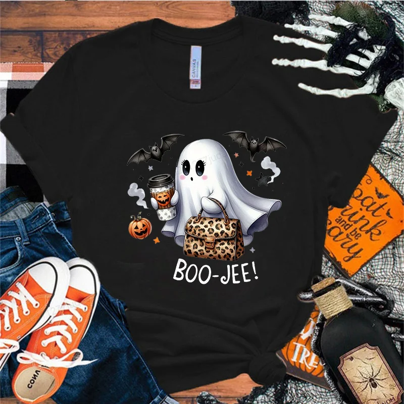 المرأة لطيف بو هالوين الجرافيك طباعة تي شيرت للنساء فتاة قصيرة الأكمام طاقم الرقبة عارضة أعلى لفصل الصيف المرأة المحملة الملابس #5