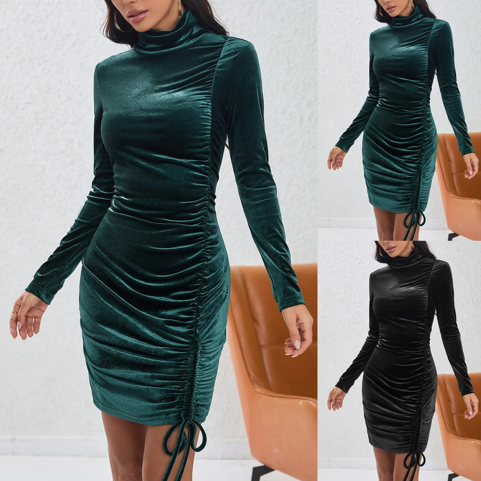 Green Sexy Velvet Mini Dresses Women Autumn Long Sleeve Slim Sheath Skinny Bodycon Dress High Neck Ruched Party Dress Vestidos