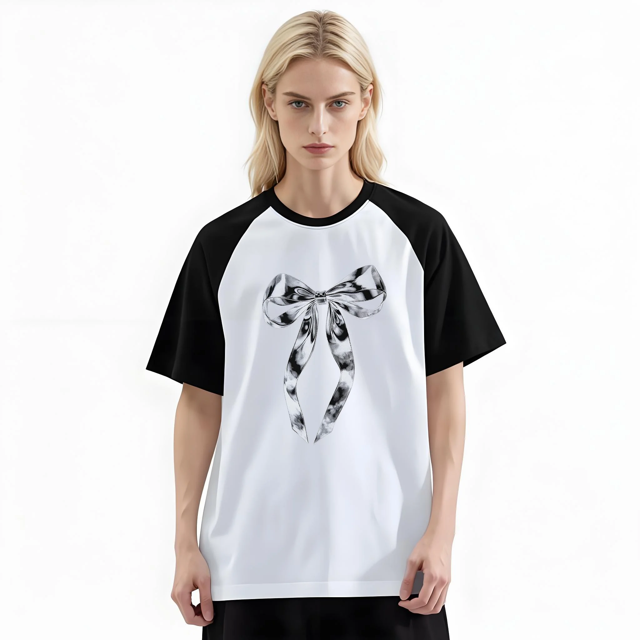 Women'S Fashion Raglan Sleeve T-Shirt, Monochrome Glossy Satin Bow Printed, Summer Casual Comfortable Tee, Women'S Everyday Short-Sleeve Top
