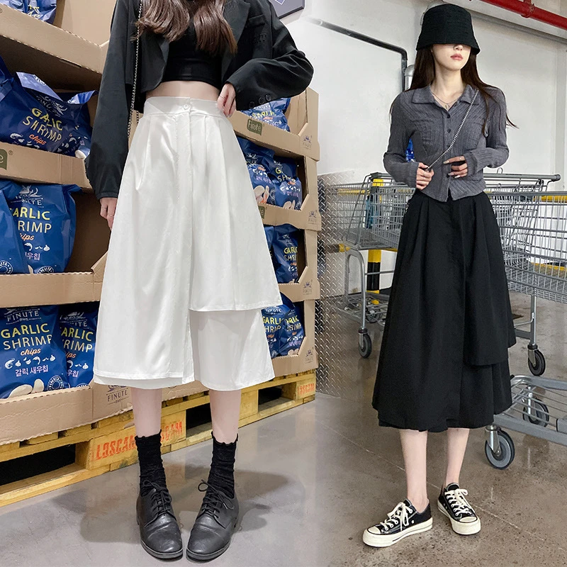 New 2025 plus Size Women's Casual Pure Color Asymmetrical Wide Leg Pants Skirt Pants Trendy Lightweight Maturity Style
