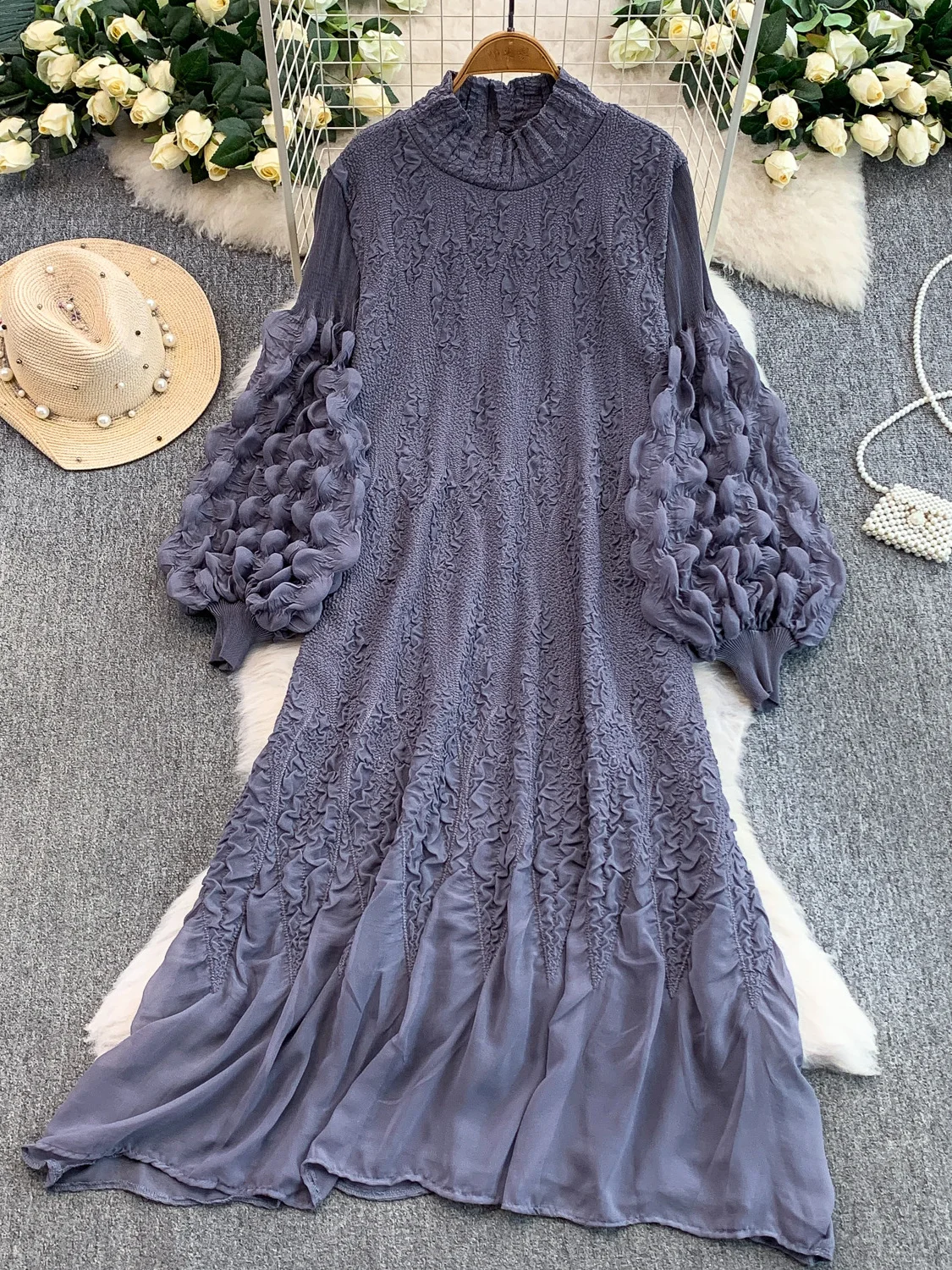 

Faionable Pleated Lantern Sve fling Collar Loose Women's Dr Spring Autumn Slimming Long A-Line Skirt Dr