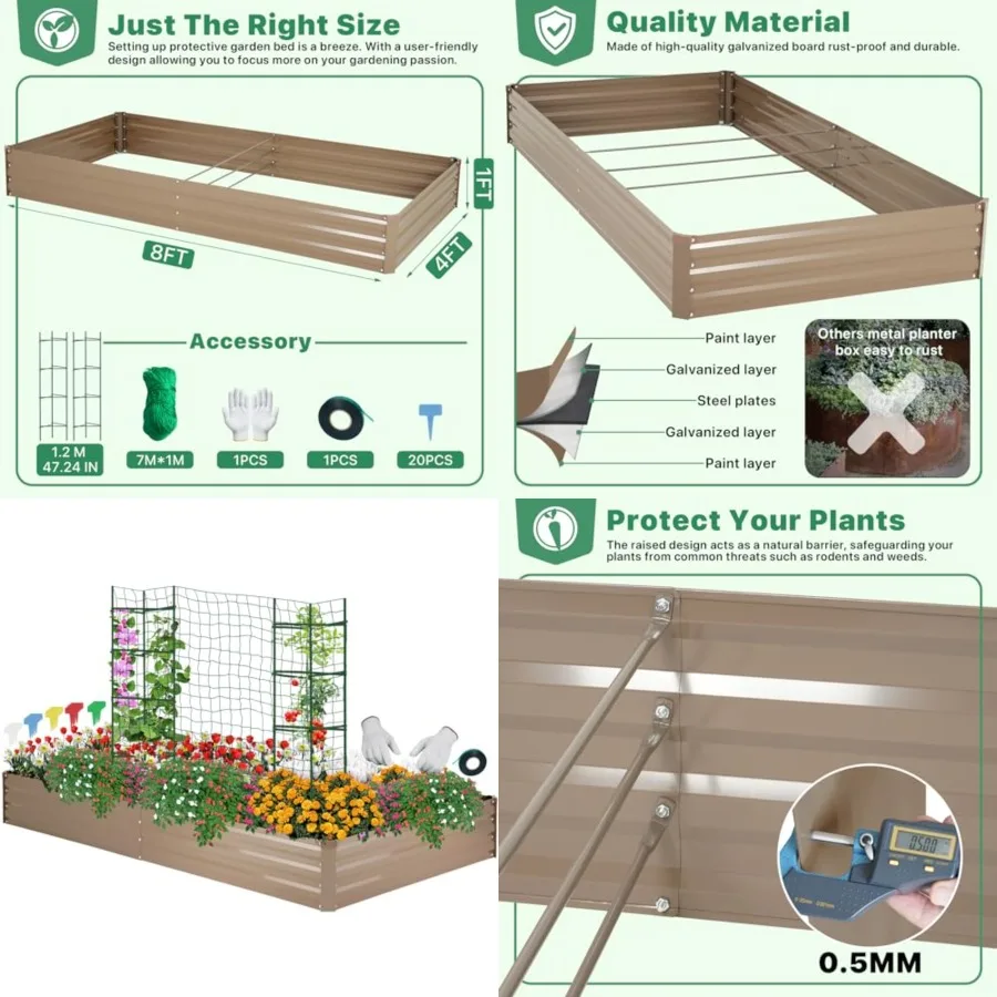 

Galvanized Raised Garden Bed for Vegetables Flowers Herbs, Metal Raised Garden Bed Kit with 2 PCS Tomato Cage, Gloves, Trellis