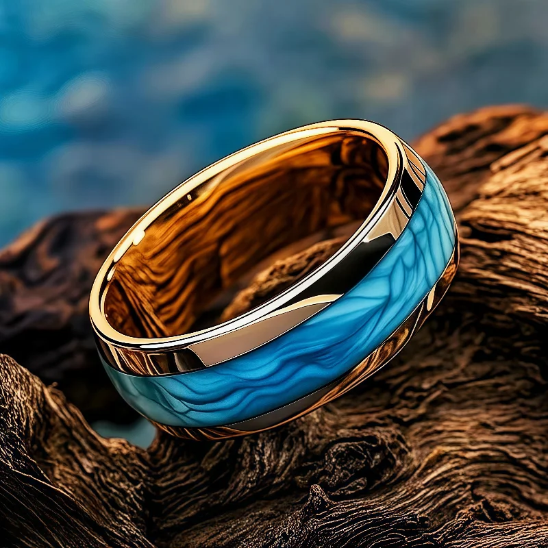 

Blue Synthetic Opal Ring, Luxurious Jewelry Gift Fashion 8mm Rose Golden Blue Stainless Steel Ring