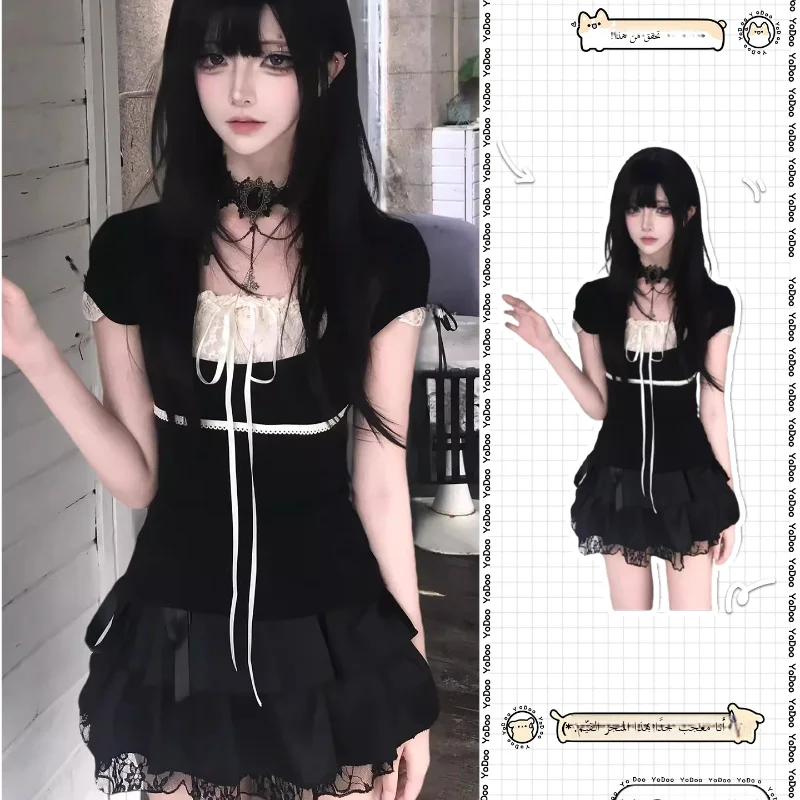 Dark Gothic Style Knot Sweet Black Skirt Autumn Versatile Slimming A-Line Skirt Casual Polyester Fiber
