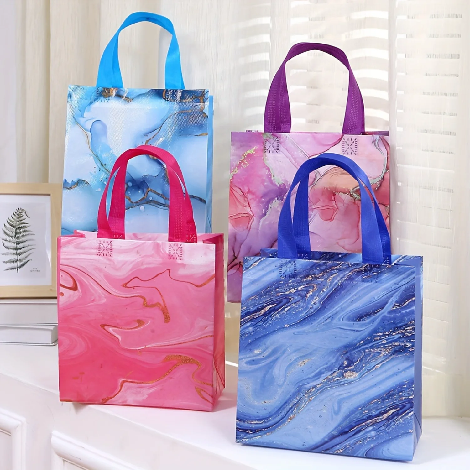 12pc Vibrant Marbled Waterproof Gift Bags - Durable Non-woven Totes for Birthday, Wedding, Crafts & Parties - Budget-Friendly, R