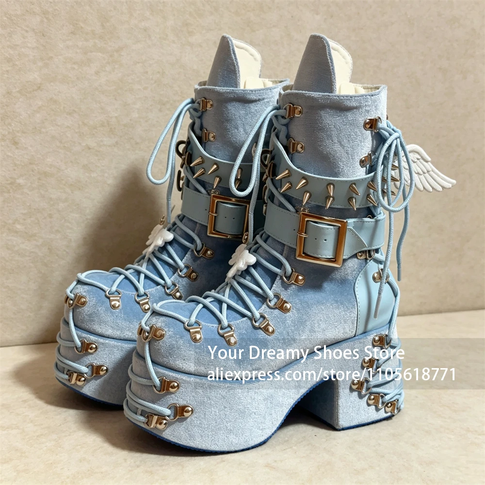 Thick Platform Sole Gothic Lolita Boots Silver Metal Spikes Buckle Straps Boots Music Note Wing Ornament Light Velvet Upper Boot