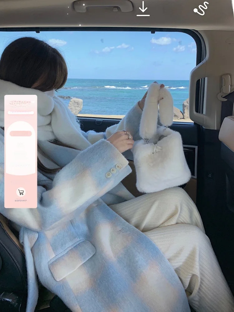 

Blue We Legend Plaid Woolen Coat Women's Long Sle Korean Faion Pure E-commerce Polyester 90% Viscose 0% Autumn New