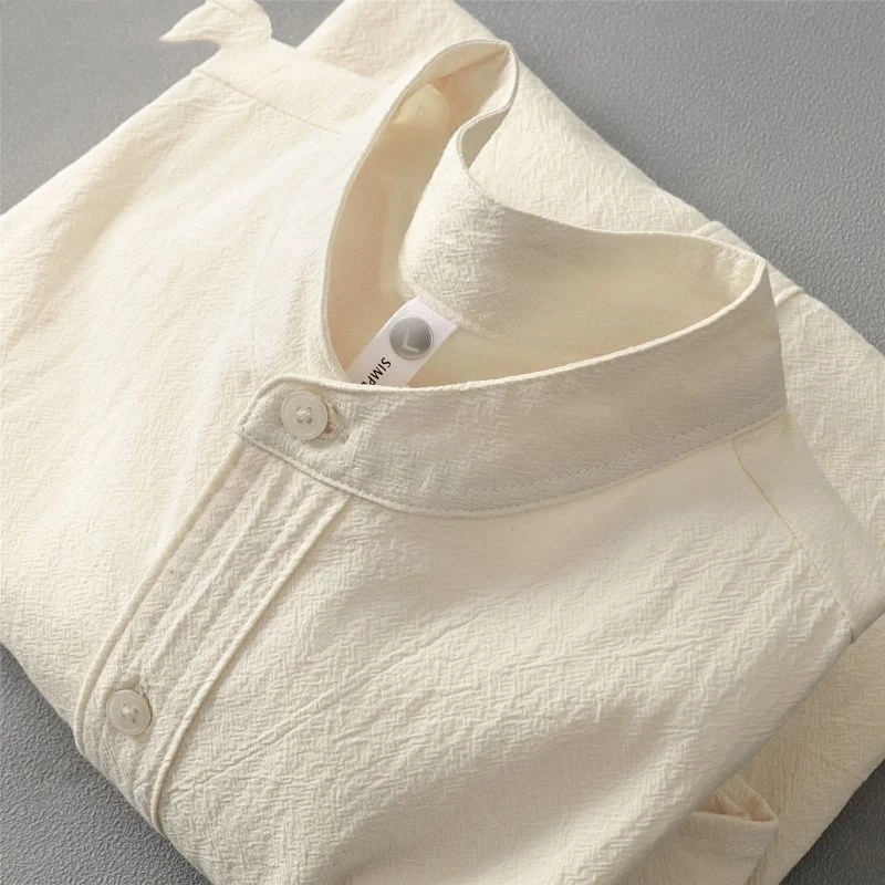 

Японская рубашка с воротником-стойкой и короткими рукавами, мужская хлопковая льняная футболка с воротником Генри и круглым вырезом с пятью точками рукава