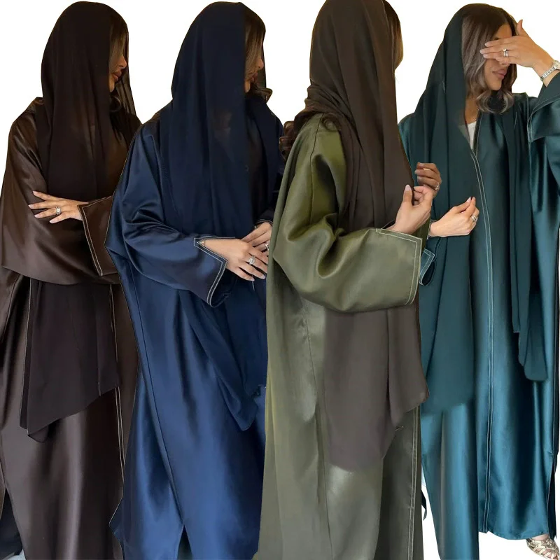 

Saudi Arabian Muslim Robe Middle Eastern Loose Solid Color Satin Abaya Cardigan Wearing Luxury Fashion Dress