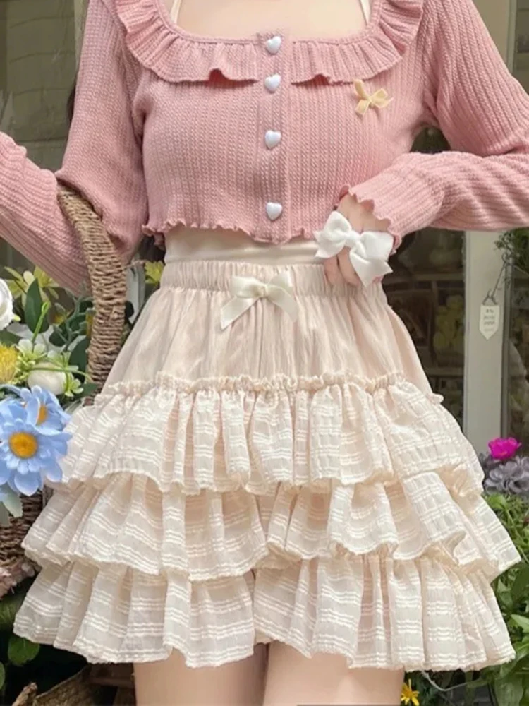 Babados arco doce saias femininas cintura alta bonito japão mini shorts saia moda estilo preppy senhora vestido de baile saia kawaii