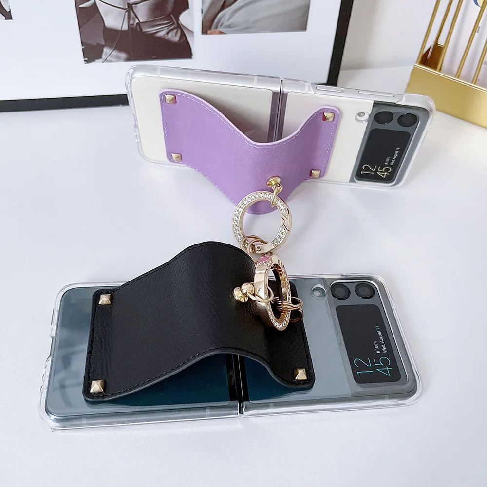 Flip Phone Case For Samsung Galaxy Z Flip Fold 5 4 3 Foldable Cover With Rivet Leather Strap Holder Case Diamond Ring Buckle