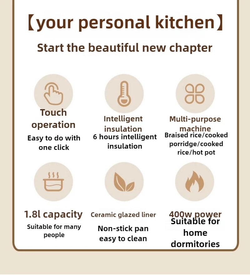 Fornello di riso Mini friggere cottura a vapore Pentola di cottura elettrica 4 in 1 Piccolo fornello di riso per 2-3 persone Isolamento fornello di riso elettrico