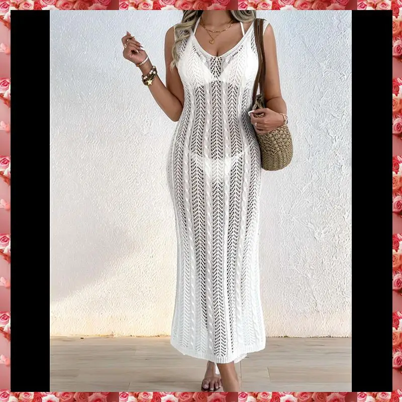 Abito da spiaggia con spacco laterale e bretelle alla moda con scollo a V e taglio per le vacanze