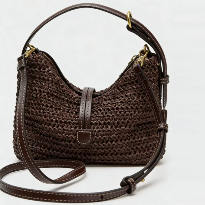 

Винтажная плетеная женская сумка ручной работы через плечо, новинка 2026 года, модная сумка из травяного плетения для повседневного использования