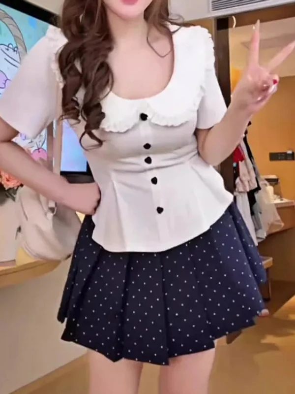 

plus Size Women's Shirt Korean Style Waist-Cinching Short Sleeve Doll Collar Versatile Top Breathable Polyester Fiber Commute...