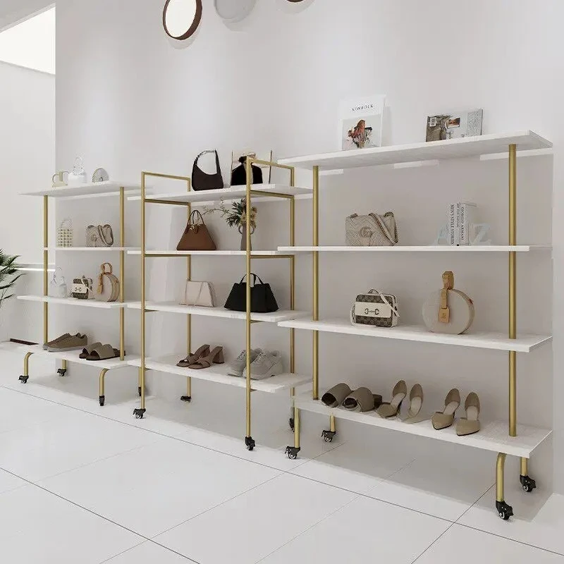 Factory Direct 2026 Clothing store shoe rack display rack wrought iron gold movable multi-layer shoe bag display shoe store