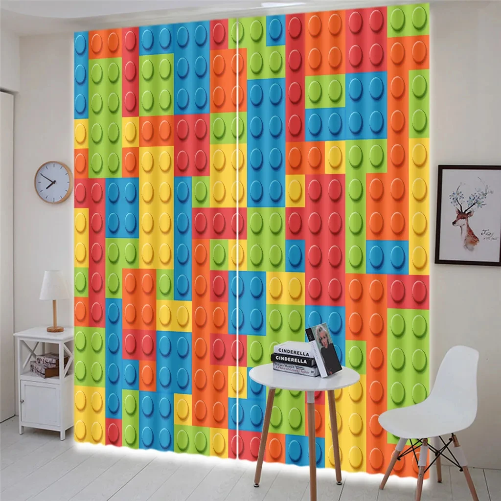 Cartoon Blocks Cube Colorful Kid Curtains Window Treatment For Bedroom Office Kitchen Living Room Home Decor Room Decor  2pcs