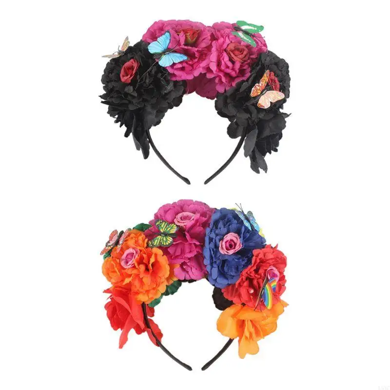 

L5YC Halloween Simulation Colorful Peony Flower Headband Fairy for Butterfly Wreath Cosplay Party Costume Day of