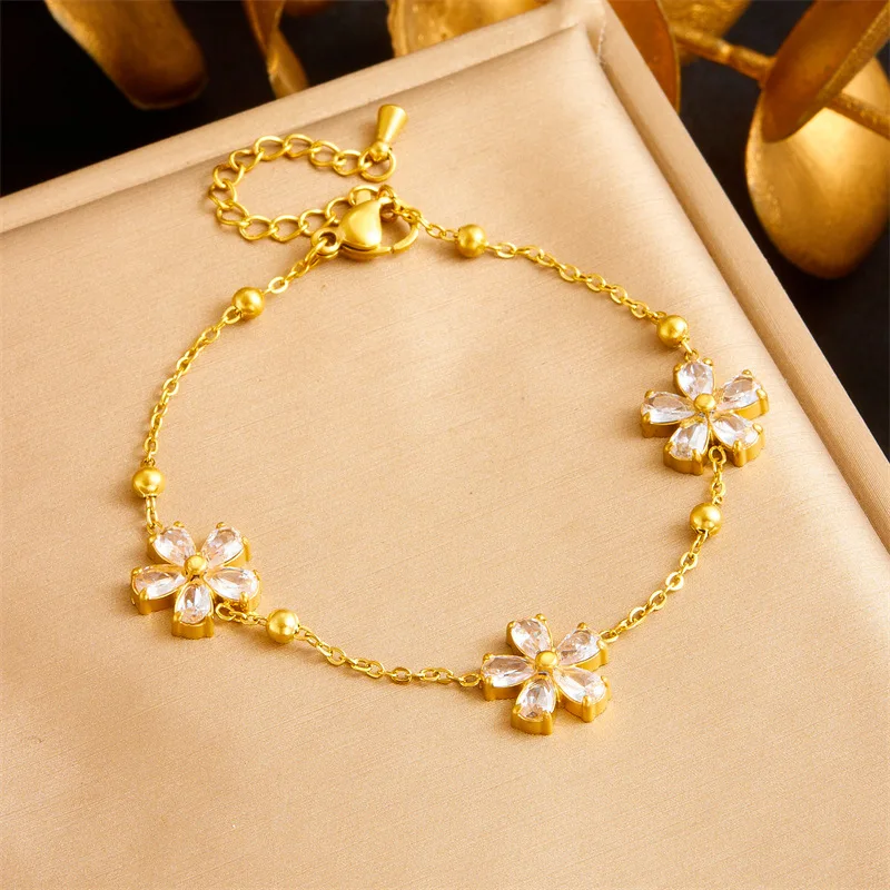 Crystal Flower Jewelry Set Daisy Clear Necklace Earrings Bracelet Perfect Women’s Jewelry Stainless Steel Chain Chokers Gifts