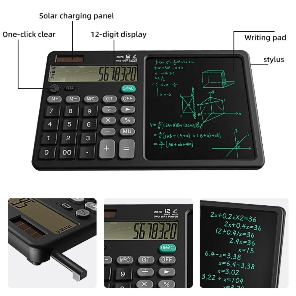 12 Digits 2in1 Calculator Solar Power with Writing Pad Standard Function Calculator Dual Stylus Pen 6 inch Calculator LCD Tablet