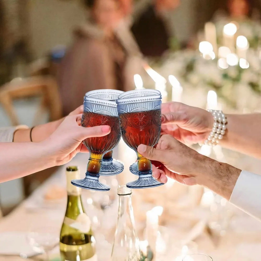 كؤوس نبيذ بلاستيكية قابلة لإعادة الاستخدام سعة 12 أونصة على الطراز العتيق مع نمط فريد منقوش على شكل زهرة - ستيمواري غير قابل للكسر للمياه الملونة G