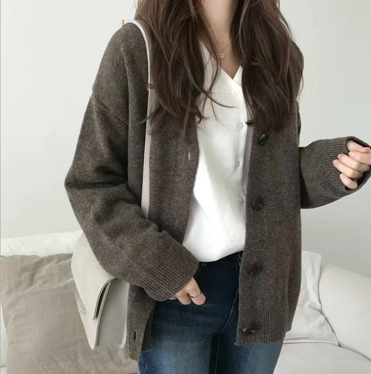 

Spring Autumn Knitted Cardigan Coats Woman Korean Simple Long Sleeve Sweater Women Casual Solid Loose V-Neck Cardigans