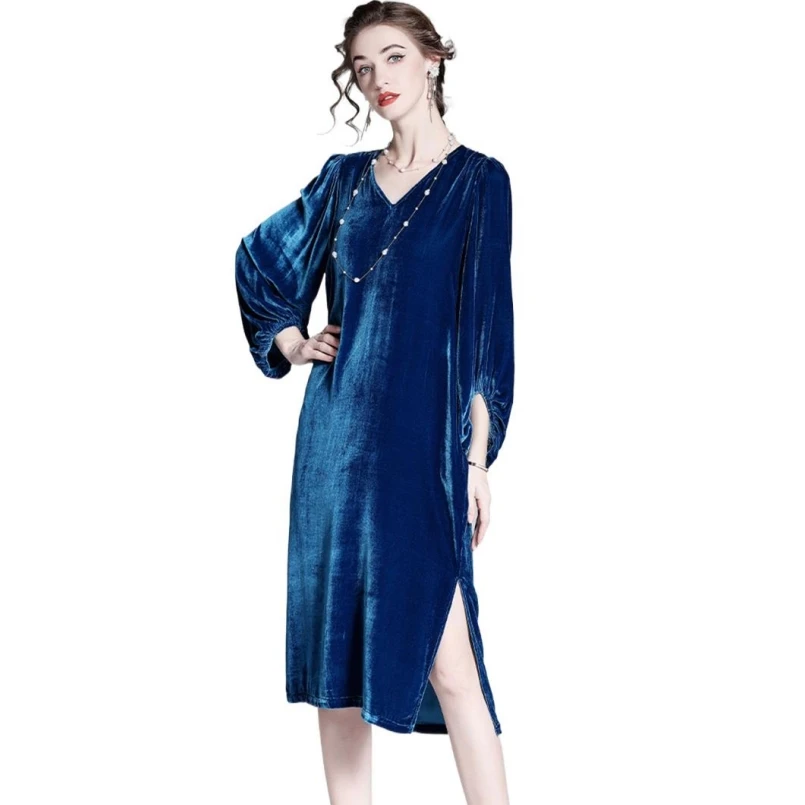 

Autumn Women Long Sleeve Velvet Dress 2024 Casual V-Neck Side Split Women's Loose Dress Plus Size vestidos elegantes para mujer