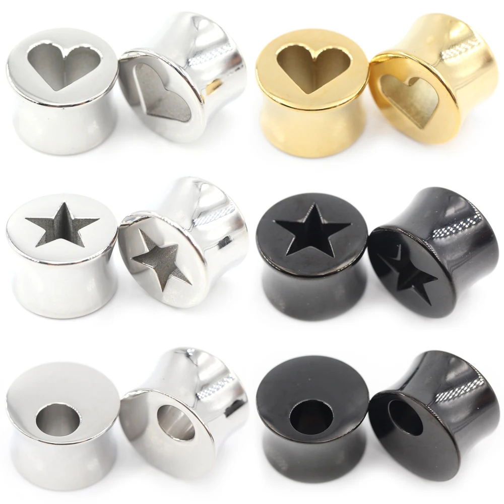1PC Stainless Steel Round Hole Star Heart Hollow Flared Ear Tunnel Plug Expander Stretcher Gauges Earring Piercing Body Jewelry