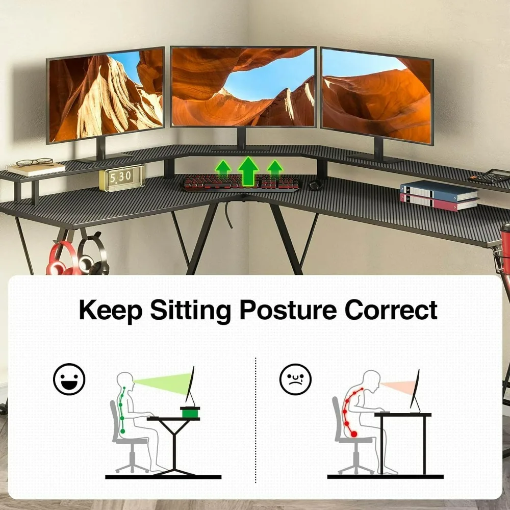 L Shaped Gaming Desk with LED Lights & Power Outlets, 58” Computer Desk with Monitor Stand & Carbon Fiber Surface, Corner Desk