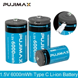 PUJIMAX 1-10Pcs 1.5V C Size Li-ion Batteries 6000mWh Type C Rechargeable Lithium Batteries For Flashlights Gas Stove With Cable