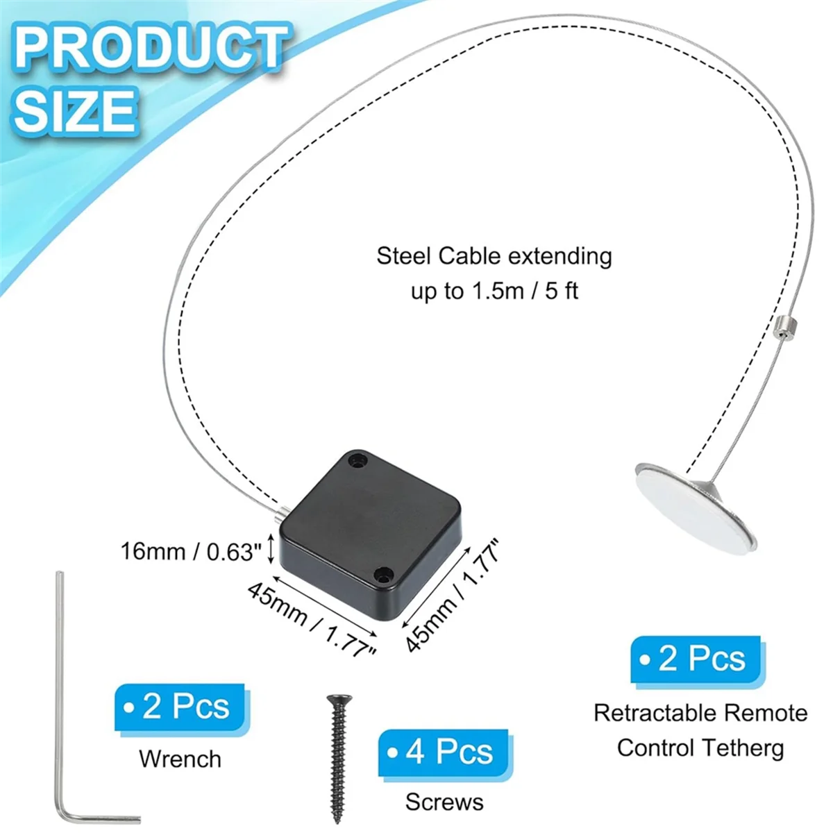 A002 5 Ft Retractable Remote Control , 2 Pack Security Cable Lanyard Lock with Double Sided Adhesive & Screw