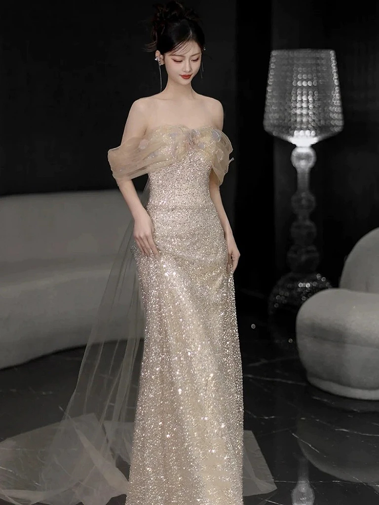 Light Champagne Evening Dresses Off the Shoulder Beading Sequins Glitter Chapel Trailing Slim Graduation Formal Prom Gowns