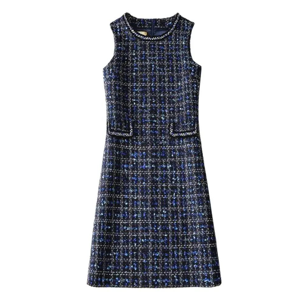 Spring Women Tweed Dresses Sleeveless O-Neck Plaid Classic Elegant Winter Dress Slim Vestido Hedging Long Woolen Robe M-4xl