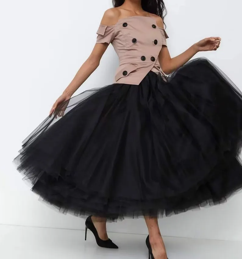 Black Big Volume Tutu Tulle Women Skirts Stretchy Waistband 7 Layer Tulle And 1 Lining Ankle Length Maxi Skirt