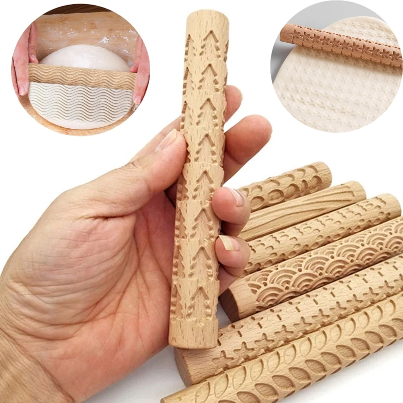 Hardwood Rolling Pin Clay Tool Wooden Texture Mud Pressed Roller Pattern Roller Rod Embossed Polymer Clay Rolling Pin Ceramic