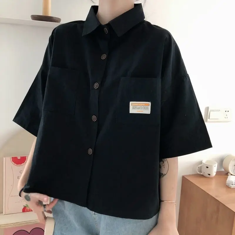 Koreaanse Zwarte Korte Blouse Zomer Nieuwe Korte Mouwen Polo Hals Knoop Effen All-Match Jeugd Shirt Tops Vintage Casual Dameskleding