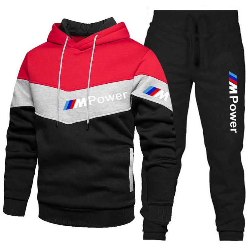 2025BMW Men's Casual Patchwork Hoodie Trousers Suit Sweatshirt Pullover Autumn and Winter Suit