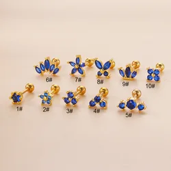 Rose Red Royal Blue Cute CZ Stones Flower Screw Back Stud Earrings For Women Baby Kids Girls Gold Color Piercing Jewelry Aros