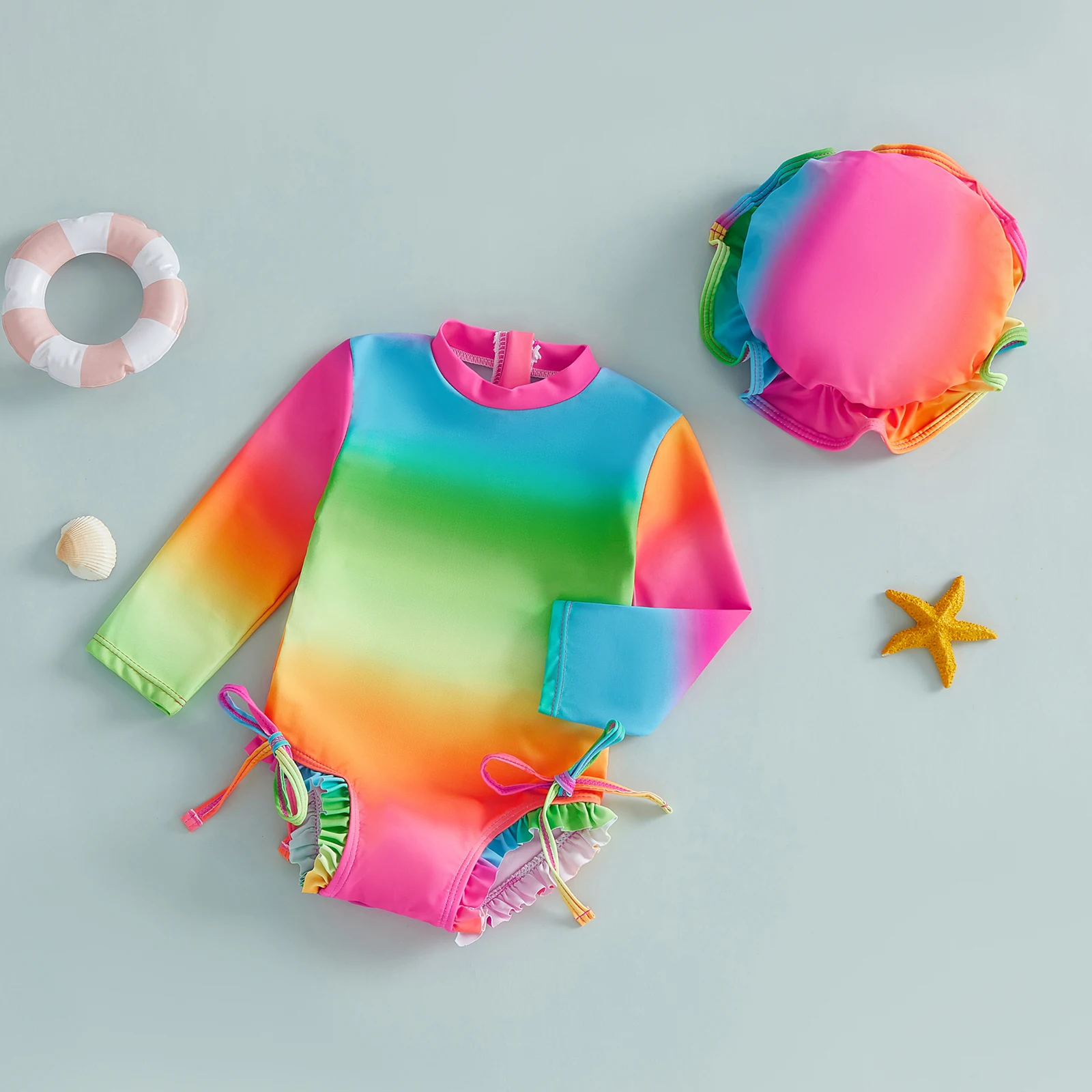 Toddler Girls Swimsuits Kids Cute Swan Bow Flower Print Rash Guard Long Sleeve Round Neck Jumpsuits with Hats Swimwear Beachwear
