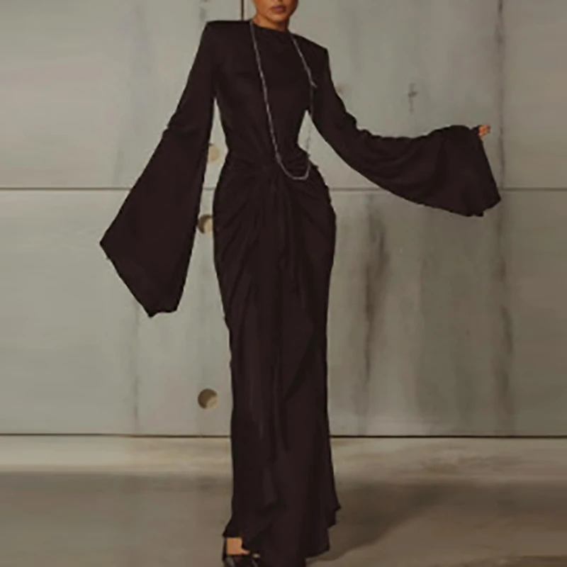 

Элегантное повседневное платье макси с длинным рукавом и круглым вырезом для офиса, с плиссированным подолом, для праздников, с завышенной талией, весеннее