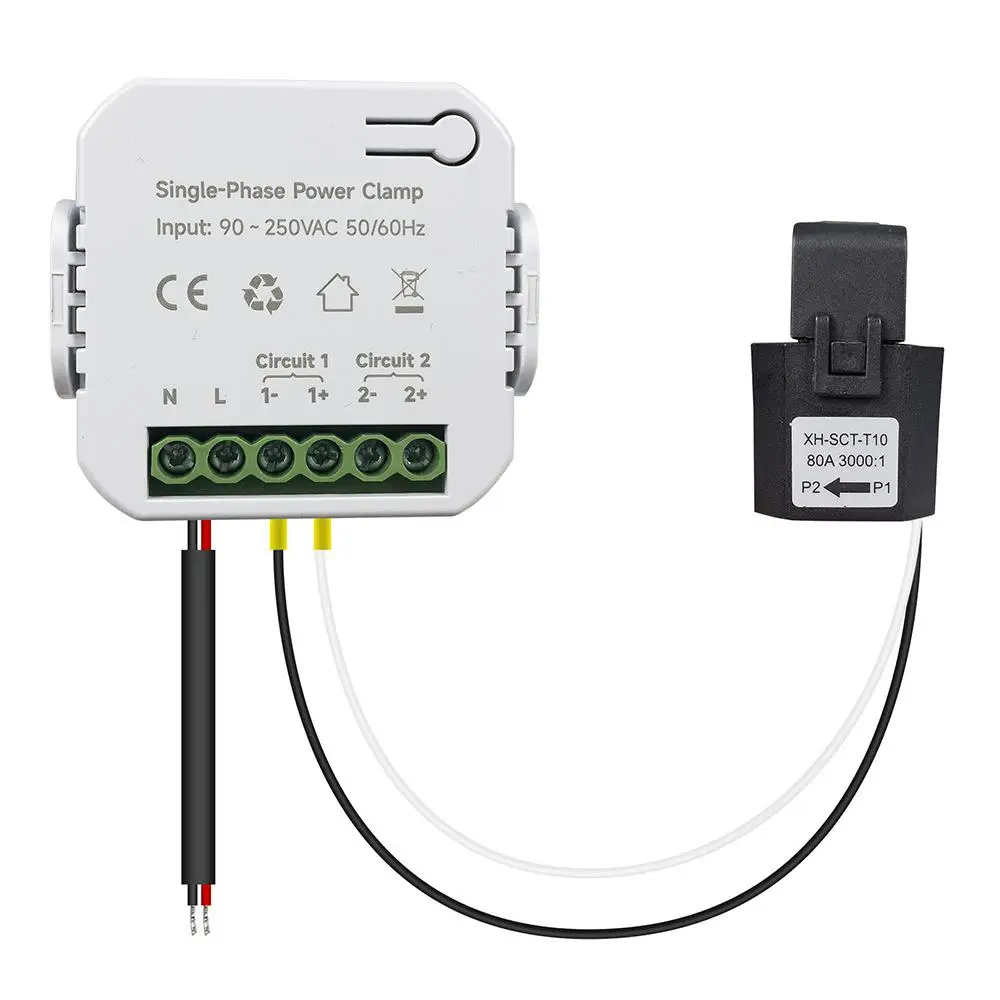 Tuya Smart Life 250V AC Dual Way WiFi Power Meter With Current Transformer Clamp Can Monitor Solar Produced and Consumed Power