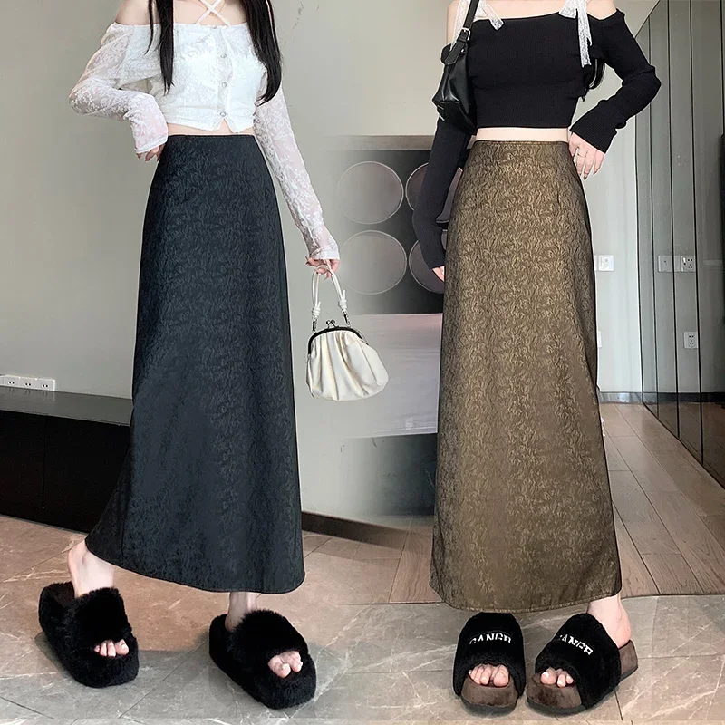 2024 Autumn Winter New Pu Leather Long Skirt Straight Split Skirt Y2k  Vintage  Harajuku