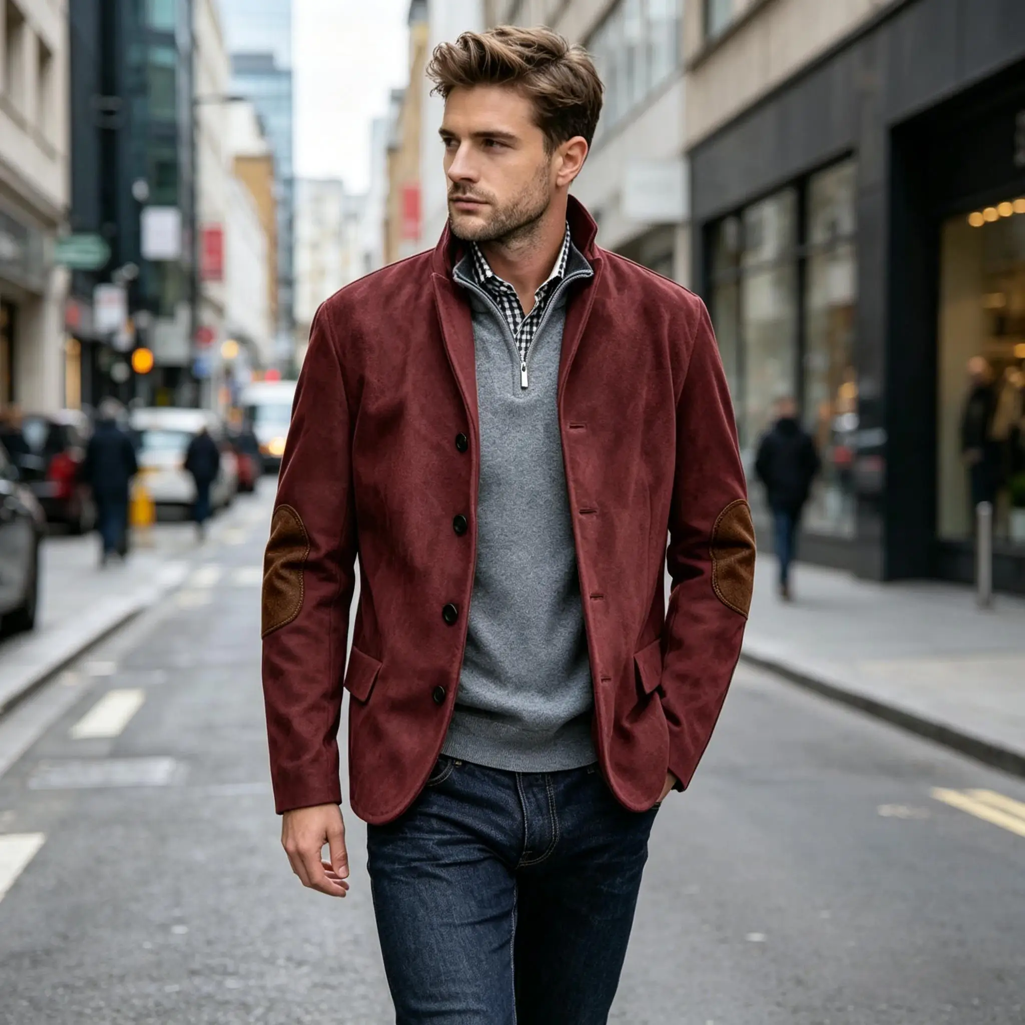 Men's Premium Suede Blazer With Elbow Patches Stand Collar Casual Gentleman Jacket For Daily Casual Wear Outdoor ﻿