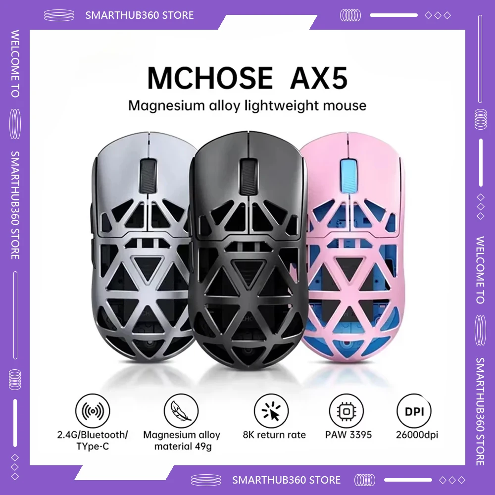 MCHOSE AX5 Wireless Magnesium Alloy Gaming Mouse Paw3395 Sensor  Low Latency Lightweight Customize Mice PC E-Sports Accessories