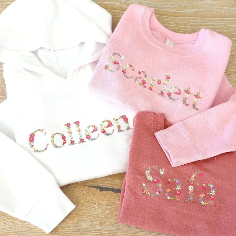 Personalized Flower Sweatshirt for Girls Custom Name Hoodie Embroidered Name Varsity Sweatshirt,Birthday Gifts for Kids Clothes