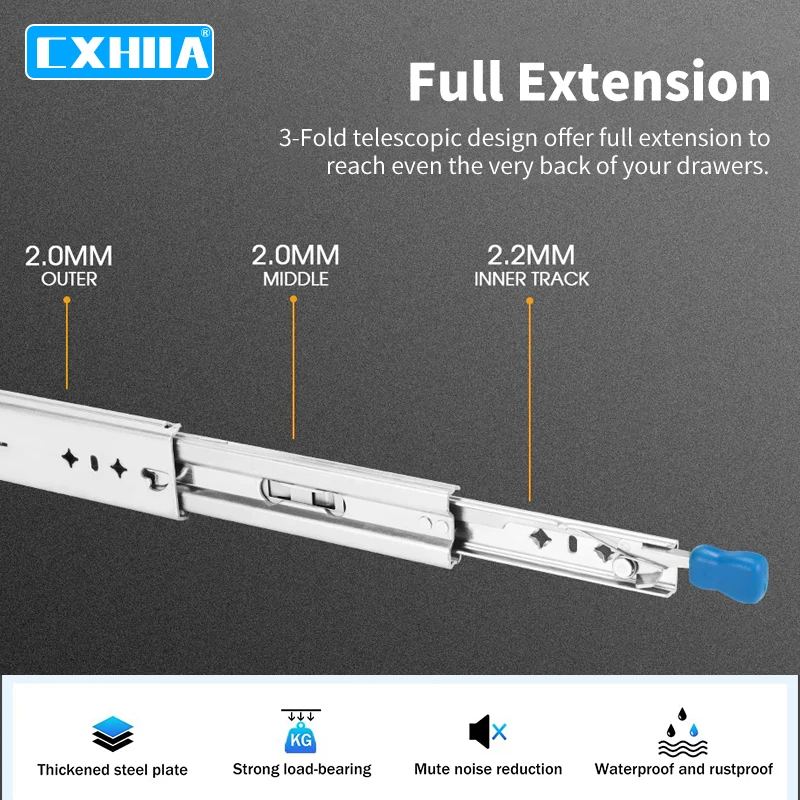 CXHIIA-튼튼한 서랍 슬라이드, 1 쌍/2 개, 2 쌍/4 개, 5 쌍/10 개, 10 쌍/20 개, 250 LB 로드 용량 사이드 마운트 Ful