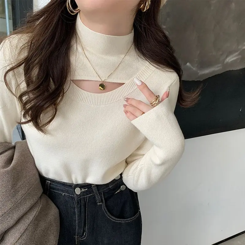 Base Shirt Women's Autumn and Winter New Half-high Neck Inner Sweater Fashionable Hollow Out Knitwear White Top