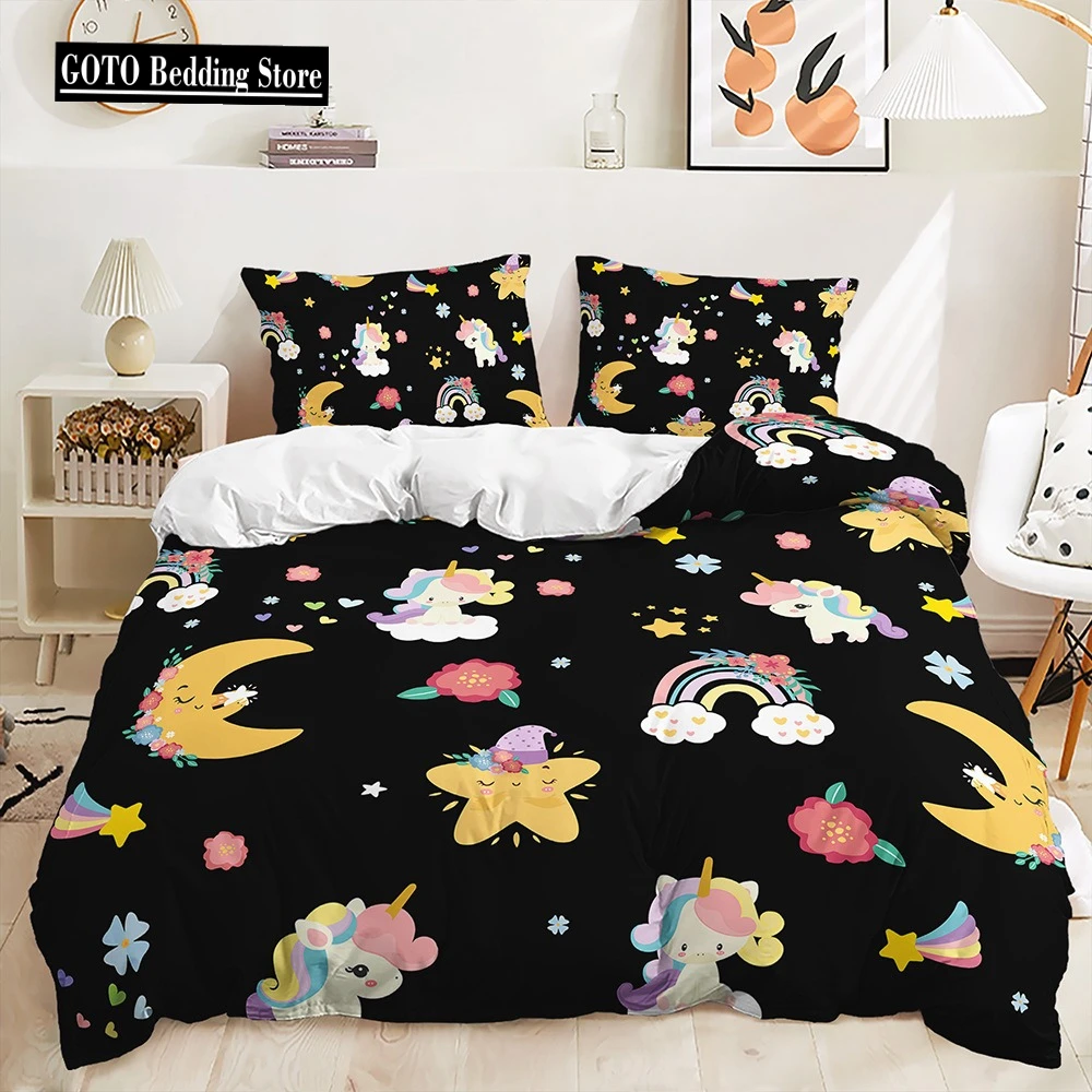 

Bedding Sets for Girls,Stars,Moons,Unicorns,Fantasy Cartoon Duvet Cover Set,Twin Size Quilt Cover with Pillowcases,Bed Clothes